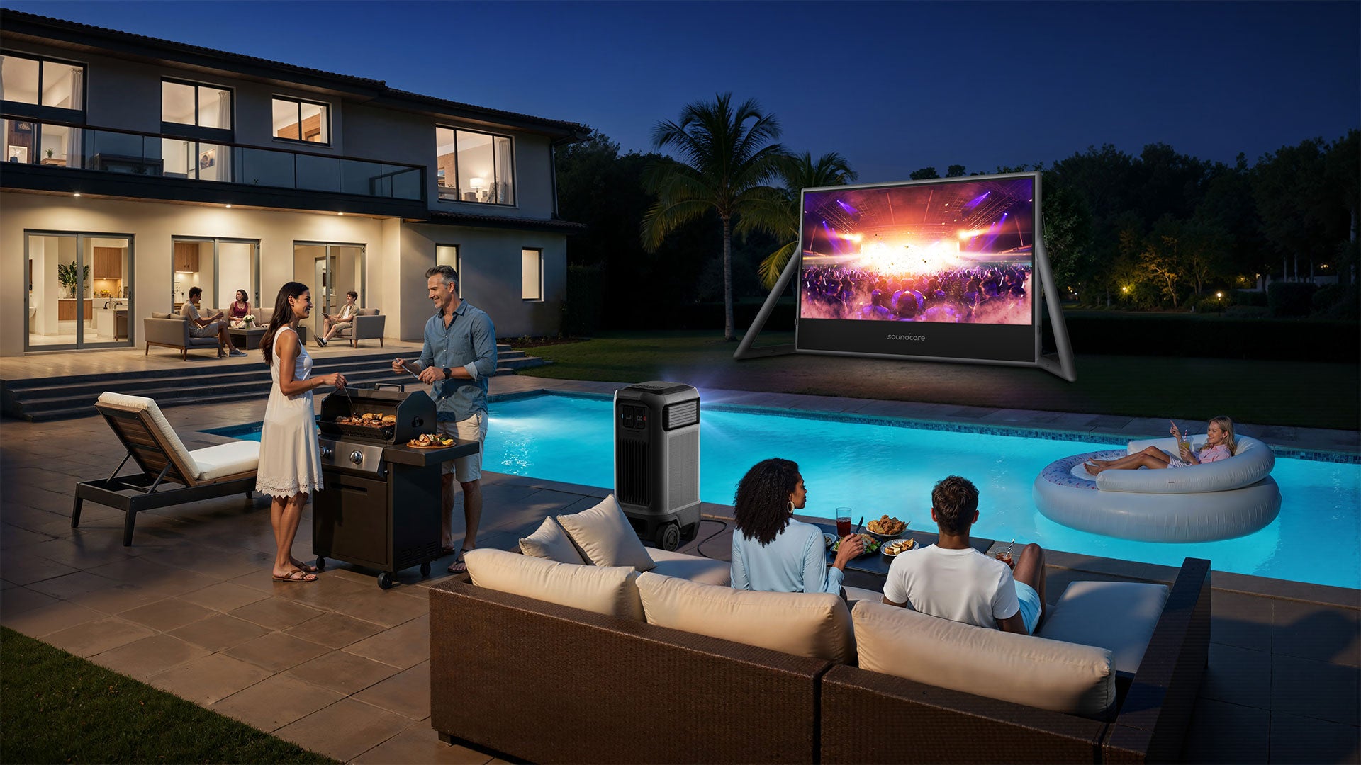 Open-Air-Kino am Pool bei Nacht