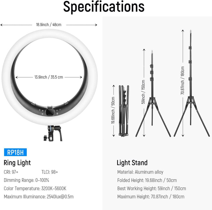 NEEWER RP18H 19 Zoll/50cm Ringlicht mit Ständer und 3 Telefonhaltern
