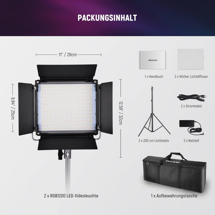 NEEWER 2er Set RGB1200 LED Videoleuchte mit APP/2,4G Steuerung