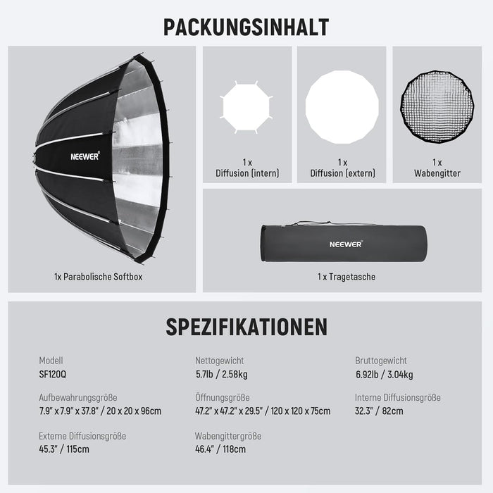 NEEWER 120cm deep parabol Softbox mit Bowens Mount
