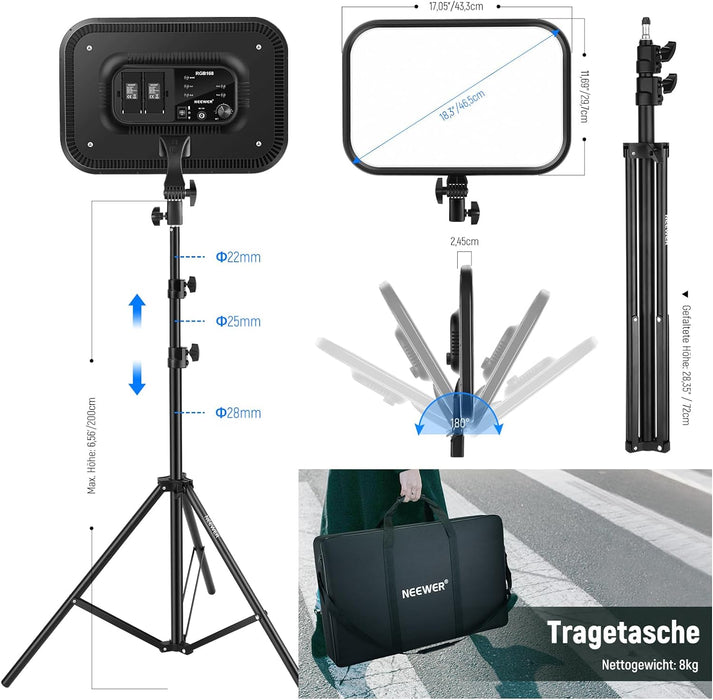 NEEWER 2×RGB168 RGB LED 46,5cm Videopanel mit 2×200CM Lampenstativ+Tragetasche