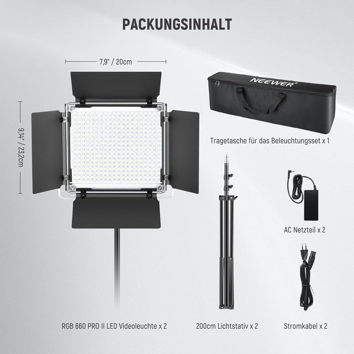 NEEWER 2×660 PRO II RGB LED Videoleuchte mit 2×200cm Lampenstativ