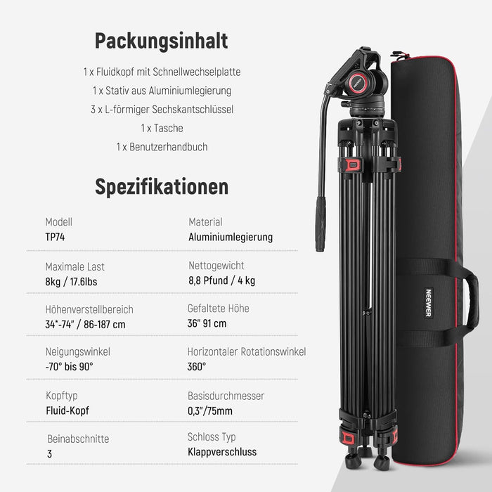 NEEWER TP74 189cm Pro Videostativ mit Fluidkopf