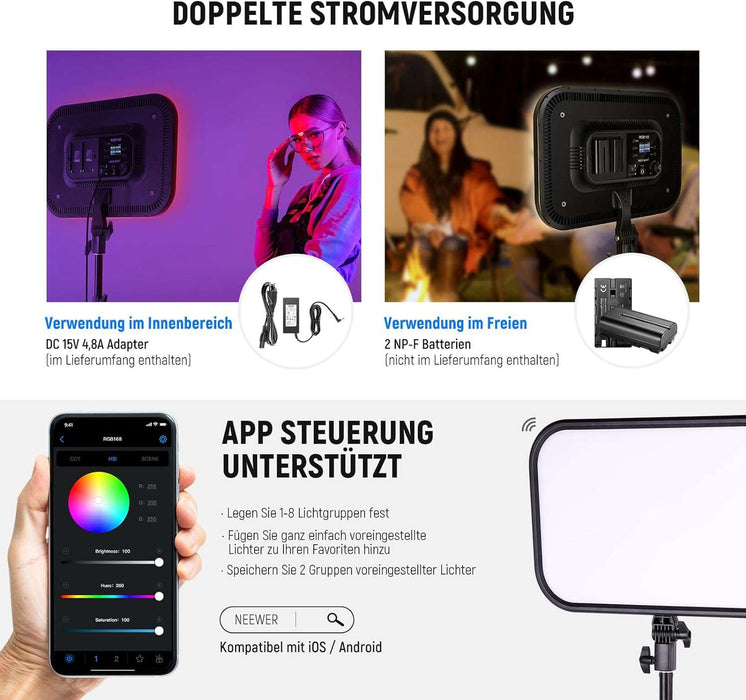 NEEWER 2×RGB168 RGB LED 46,5cm Videopanel mit 2×200CM Lampenstativ+Tragetasche