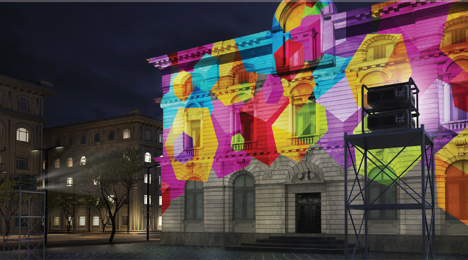 Projektion eines Firmenlogos auf eine Fassade per Projection Mapping